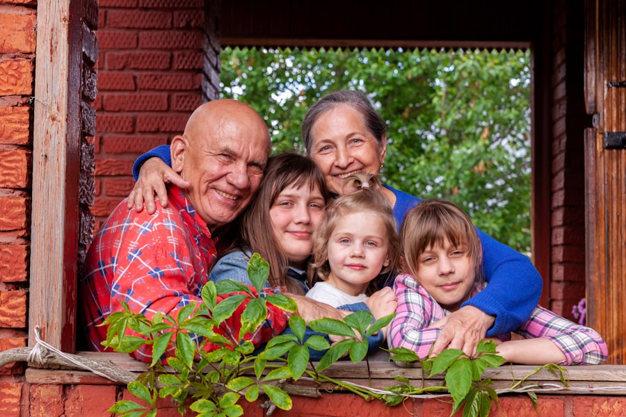 Grandparents smiling with their grandchildren, gathered together at home
